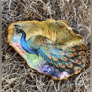 Handcrafted Decoupaged Tropical Peacock X-Large Oyster Shell With Gold Accents